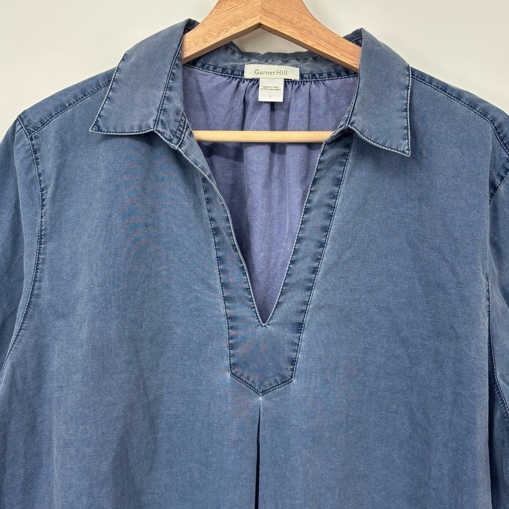 Garnet Hill chambray collared V Neck popover top / tunic  100% Cotton Large - Picture 8 of 8